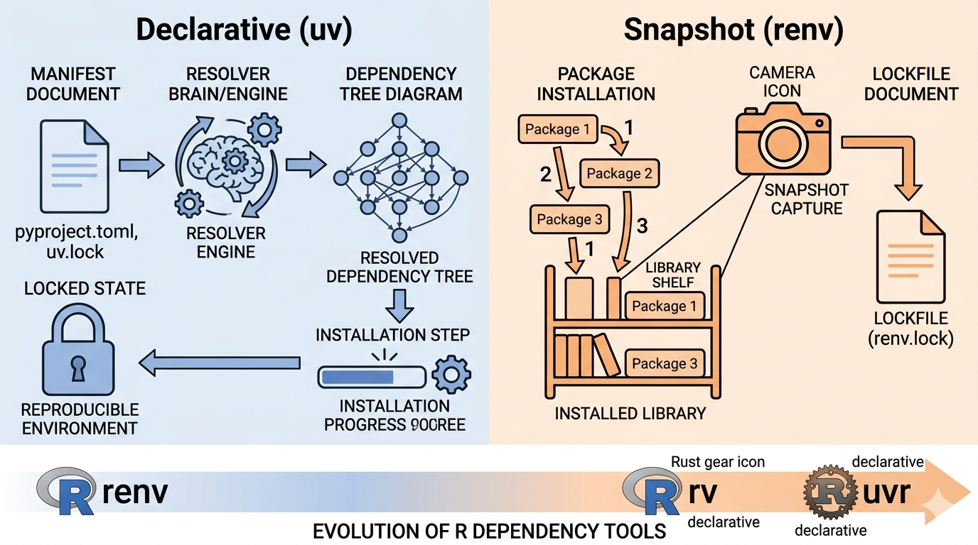 Infographic comparing uv’s declarative resolve-then-install model with renv’s install-then-snapshot model, plus the evolution toward rv and uvr in the R ecosystem