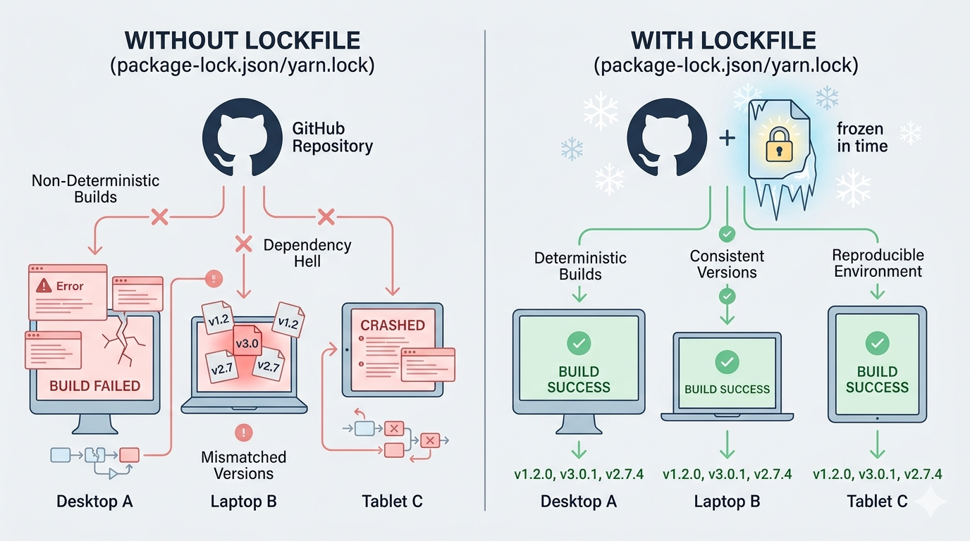Side-by-side infographic showing failed, inconsistent builds without a lockfile and deterministic, reproducible builds with a lockfile