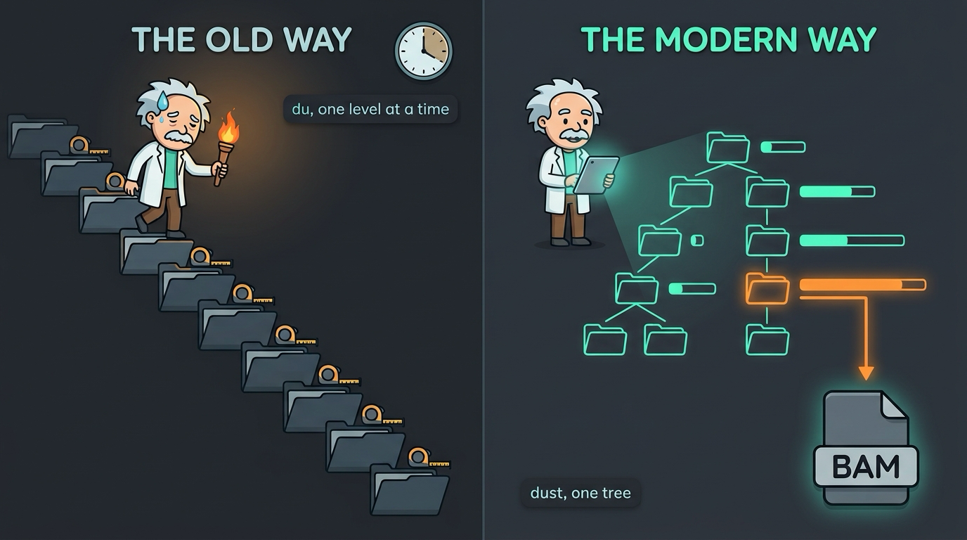 du, one level at a time, versus dust, one tree