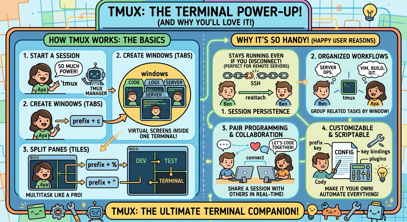 tmux sessions survive a dropped connection and split into panes