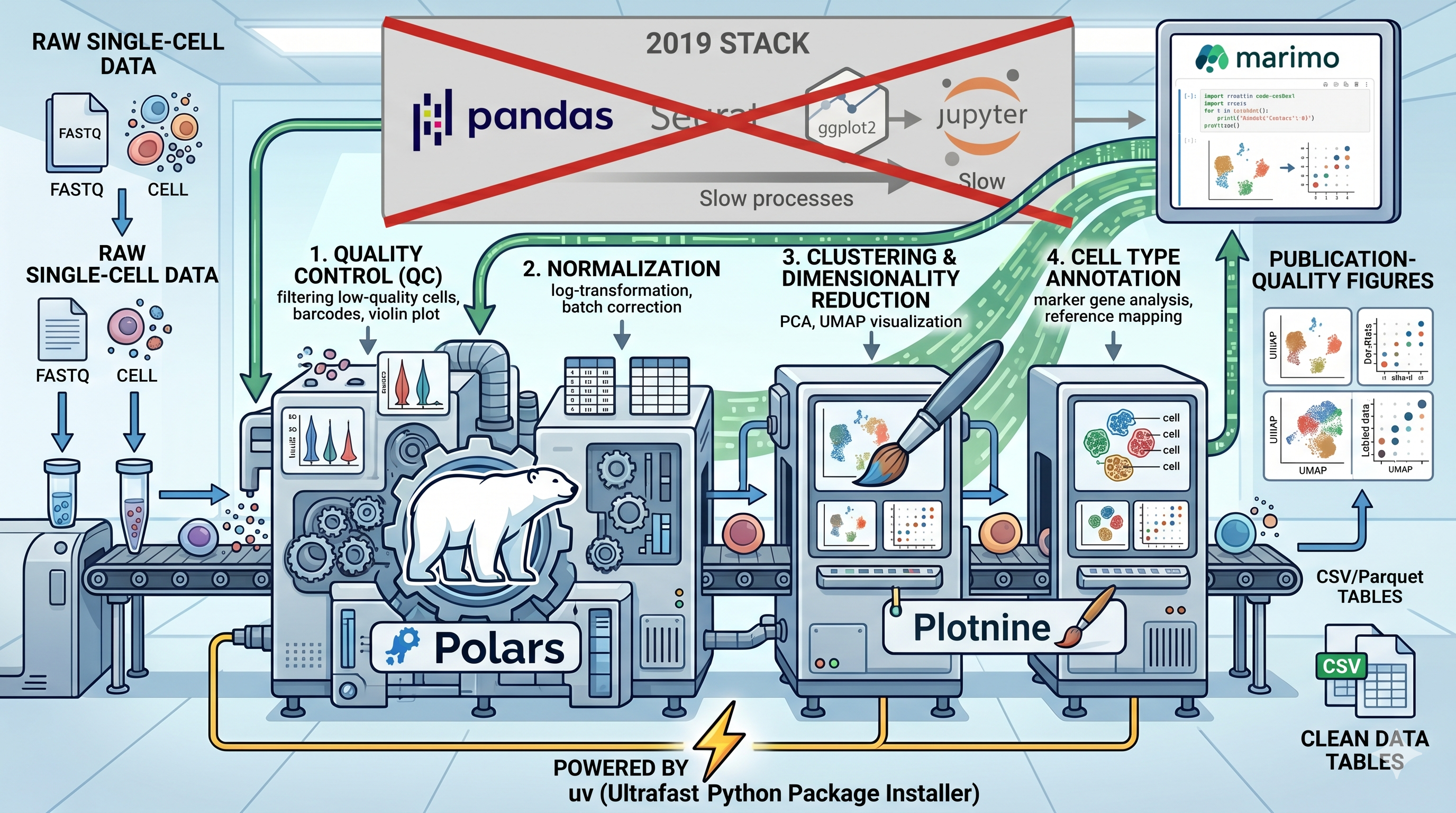The scanpy-done-right pipeline: the 2019 stack (pandas, seaborn, ggplot2, Jupyter) replaced by Polars, Plotnine, Marimo, and uv — same four analysis steps, dramatically better developer experience