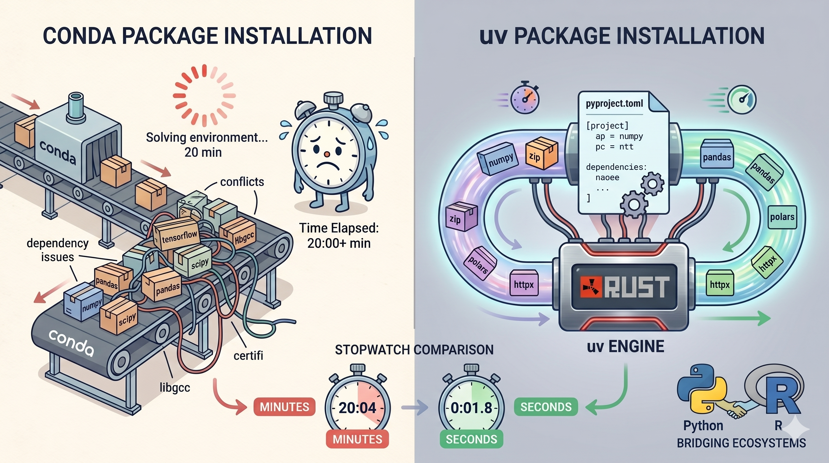 Infographic comparing slow conda package installation with fast uv package installation